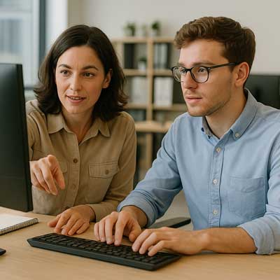 two colleagues work together in an office