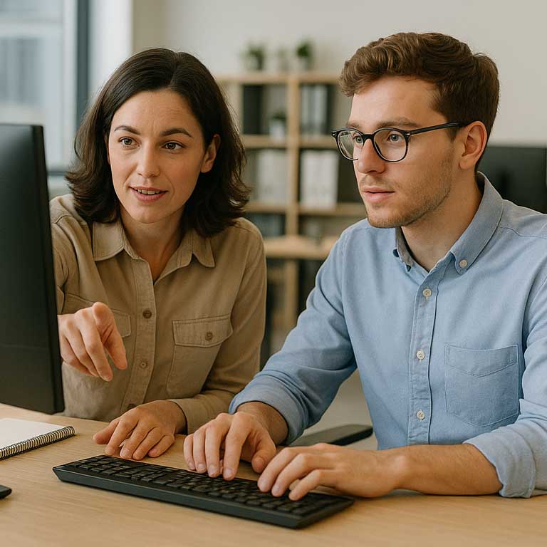 two colleagues work together in an office